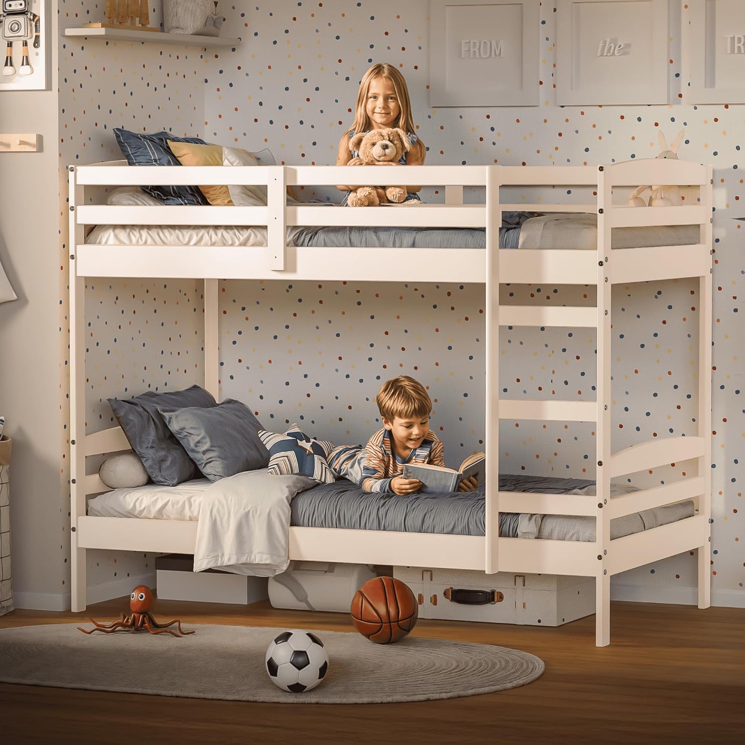 DFW Bunk Bed Twin Over Twin,  Pine Solid Wood Detachable Bed Frame with High Guardrails & Integrated Ladder, Wooden Slatted Bunk Bed for Teens & Adult, No Box Spring Needed, White