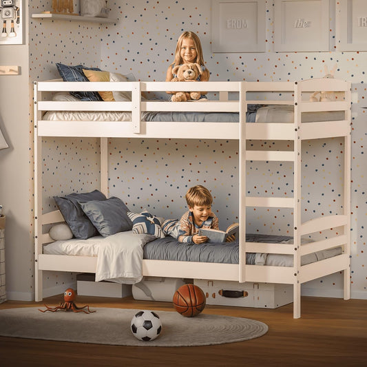 DFW Bunk Bed Twin Over Twin,  Pine Solid Wood Detachable Bed Frame with High Guardrails & Integrated Ladder, Wooden Slatted Bunk Bed for Teens & Adult, No Box Spring Needed, White