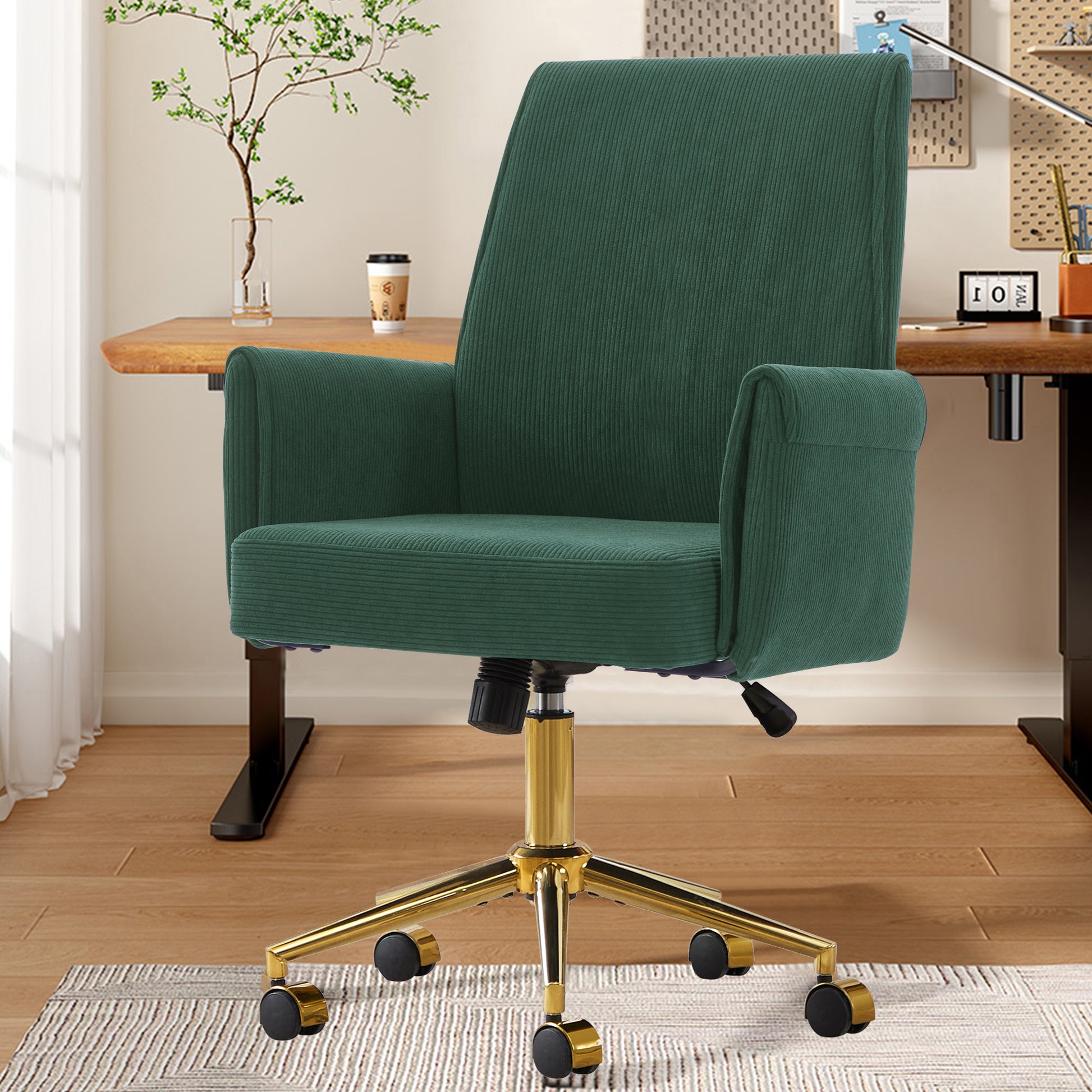 Green Corduroy Ergonomic Office Chair - Mid Back Support