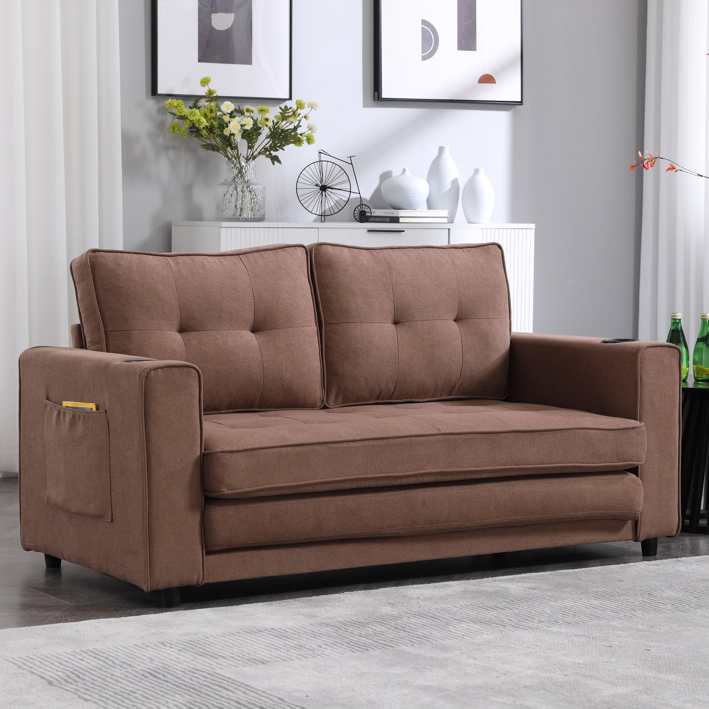 Brown 2-Seat Folding Sofa Bed - Futon Sleeper Couch for Living Room
