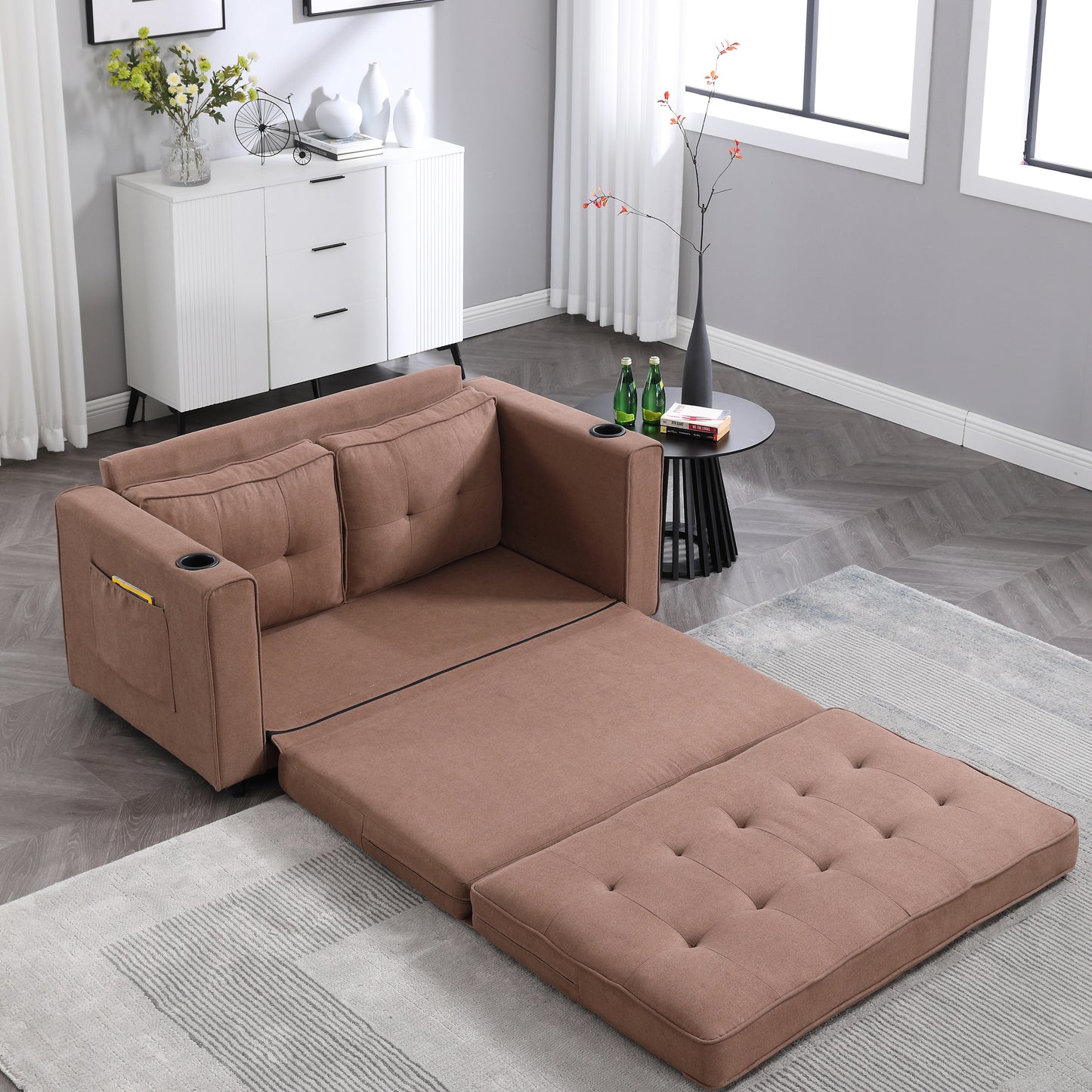 Brown 2-Seat Folding Sofa Bed - Futon Sleeper Couch for Living Room