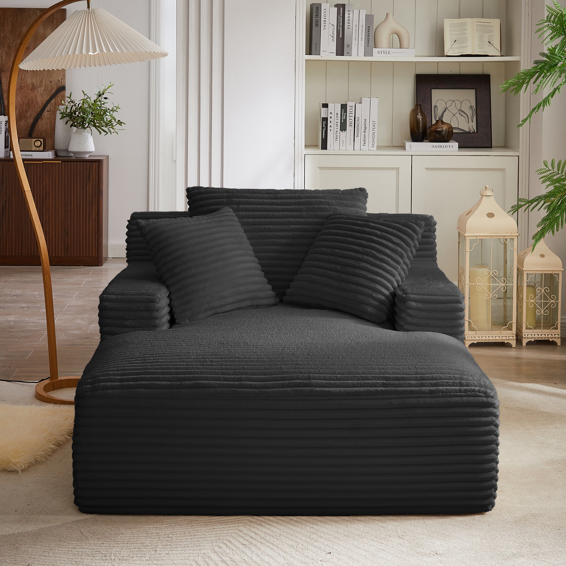 Black Corduroy 2 Seat Sofa Chaise Lounge for Living Room Seating
