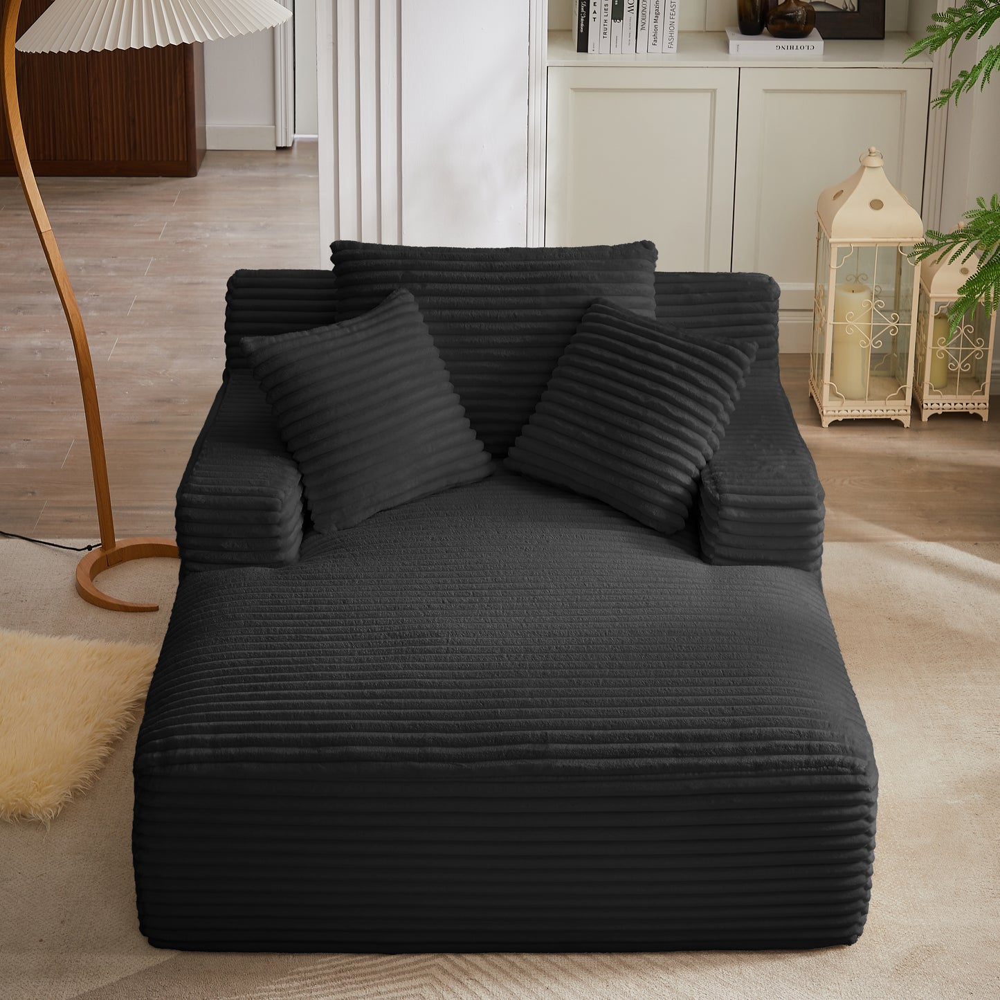 Black Corduroy 2 Seat Sofa Chaise Lounge for Living Room Seating