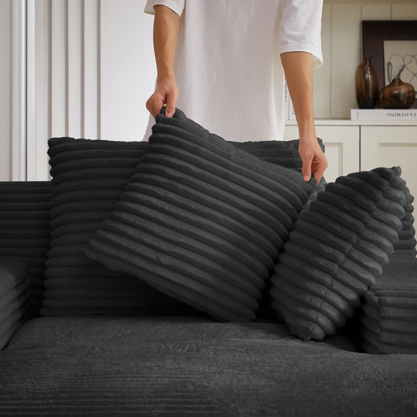 Black Corduroy 2 Seat Sofa Chaise Lounge for Living Room Seating