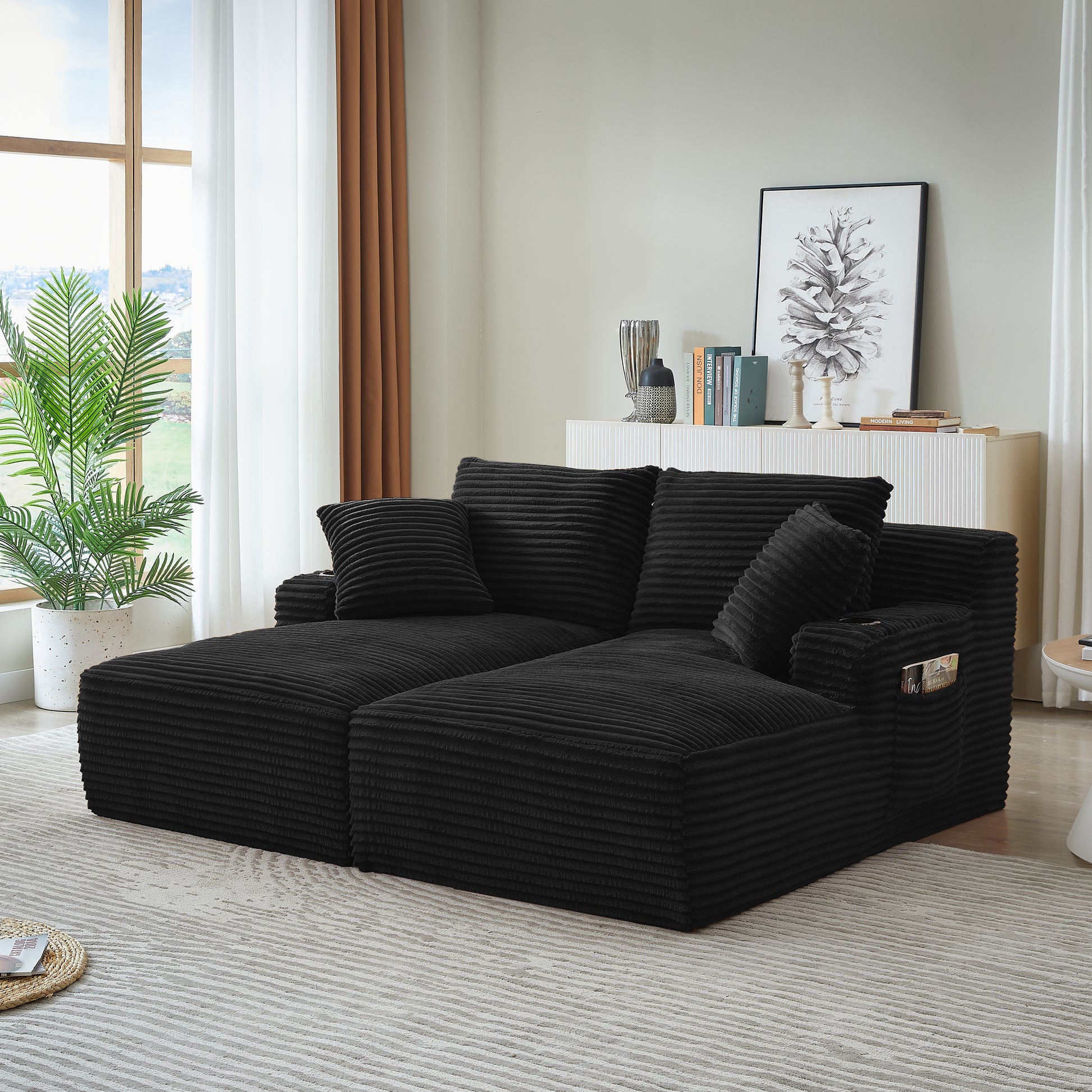 Black Corduroy 2 Seat Sofa - Expands in 72 Hours for Living Room