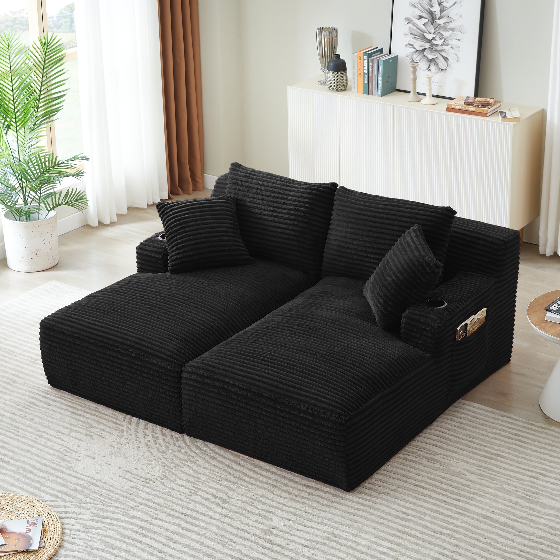 Black Corduroy 2 Seat Sofa - Expands in 72 Hours for Living Room