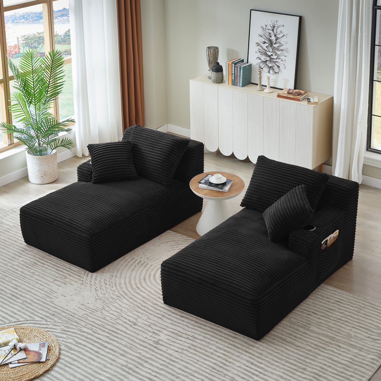 Black Corduroy 2 Seat Sofa - Expands in 72 Hours for Living Room