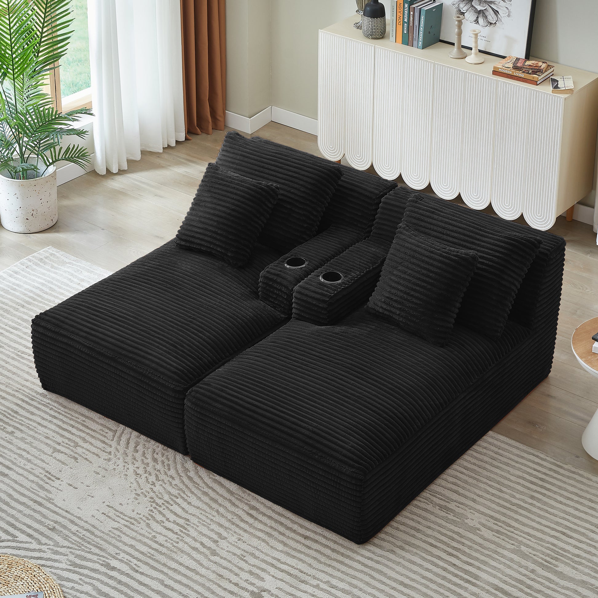 Black Corduroy 2 Seat Sofa - Expands in 72 Hours for Living Room