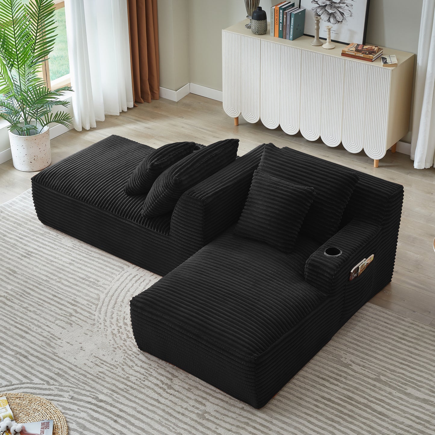 Black Corduroy 2 Seat Sofa - Expands in 72 Hours for Living Room