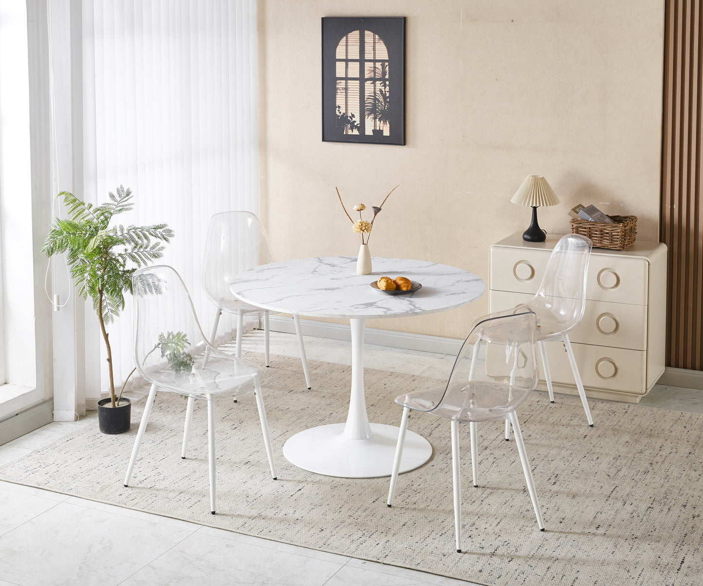 1+4 for 5pcs dining set,1table+4chair, Round Marble-Patterned Pub Table for Home Bar & Kitchen