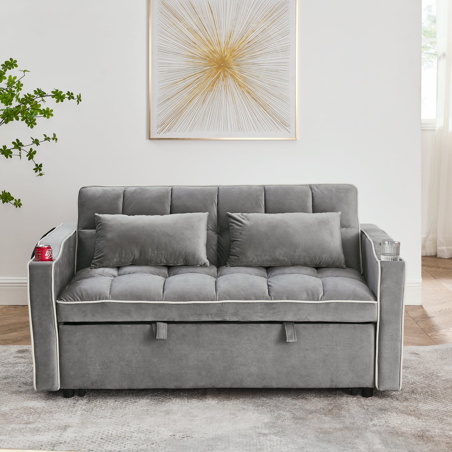Grey Velvet Sofa Bed - 55.5" Adjustable Back for Living Room