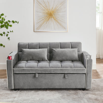 Grey Velvet Sofa Bed - 55.5" Adjustable Back for Living Room