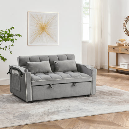 Grey Velvet Sofa Bed - 55.5" Adjustable Back for Living Room
