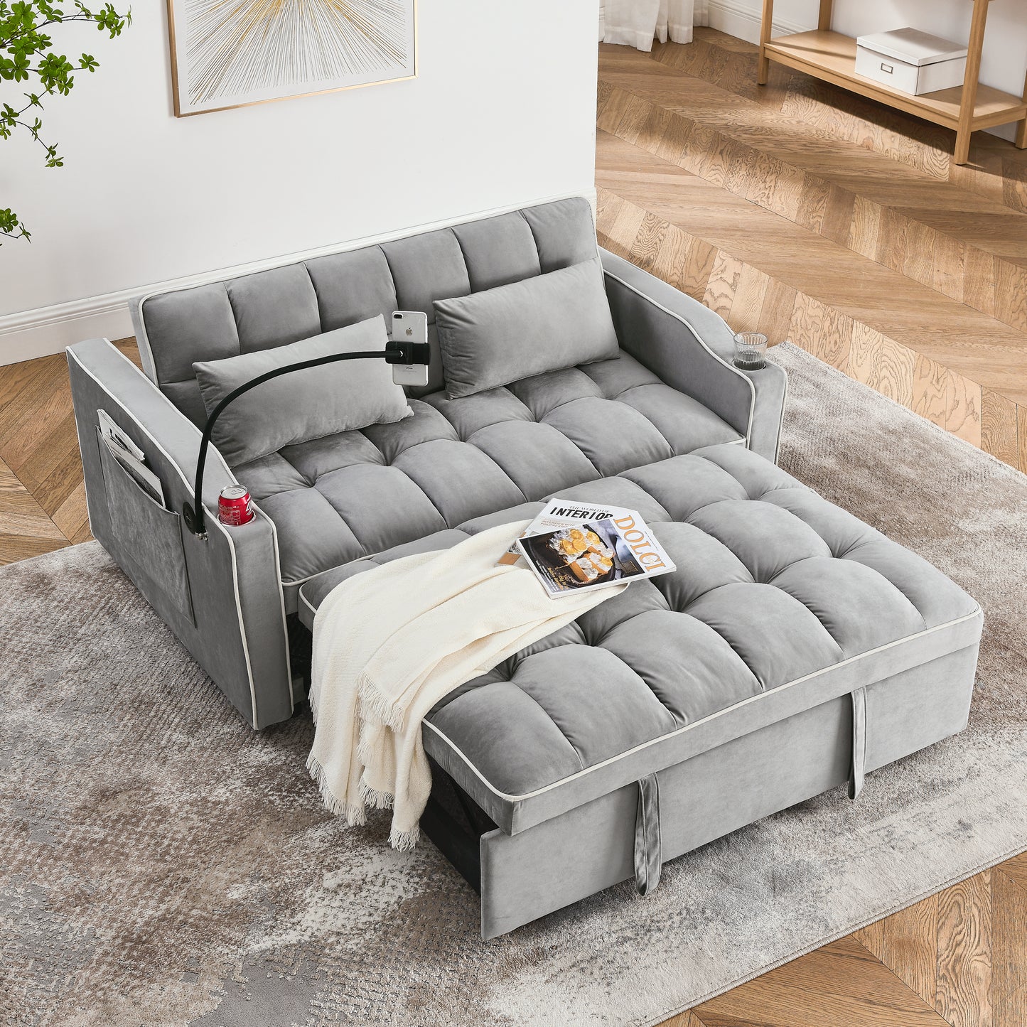 Grey Velvet Sofa Bed - 55.5" Adjustable Back for Living Room