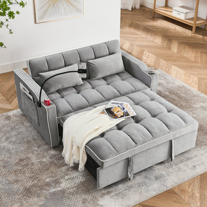 Grey Velvet Sofa Bed - 55.5" Adjustable Back for Living Room