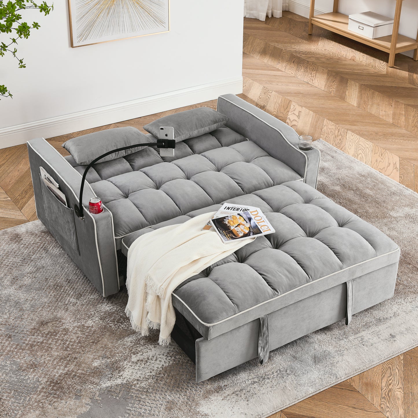 Grey Velvet Sofa Bed - 55.5" Adjustable Back for Living Room