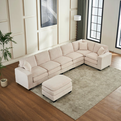 7 Seat Corduroy Sofa - White Corduroy Sectional for Living Room