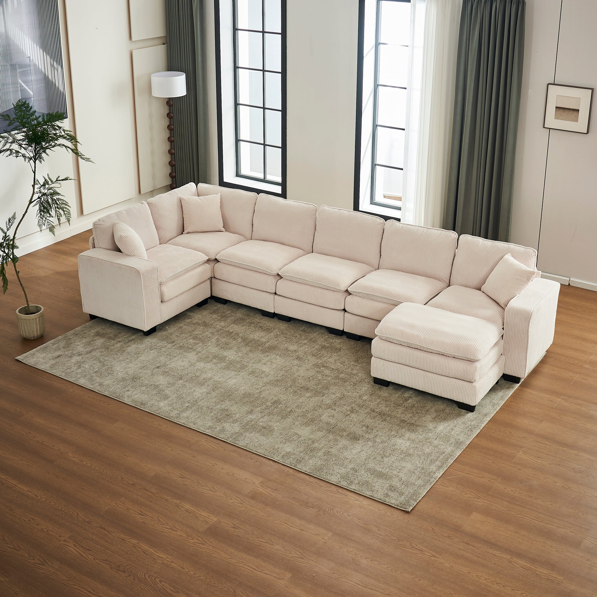 7 Seat Corduroy Sofa - White Corduroy Sectional for Living Room