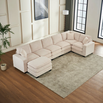 7 Seat Corduroy Sofa - White Corduroy Sectional for Living Room