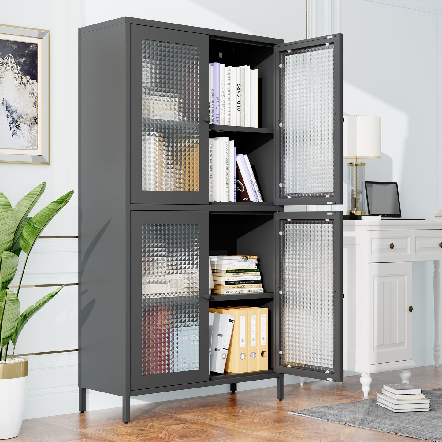 Black Steel Office Cabinet - 3 Shelves Freestanding Storage Cabinet