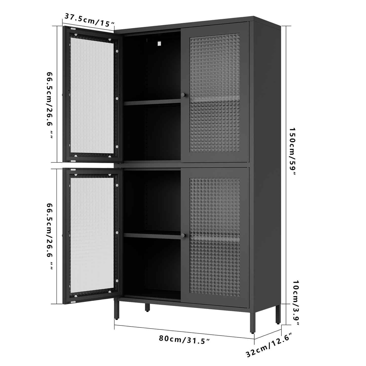 Black Steel Office Cabinet - 3 Shelves Freestanding Storage Cabinet