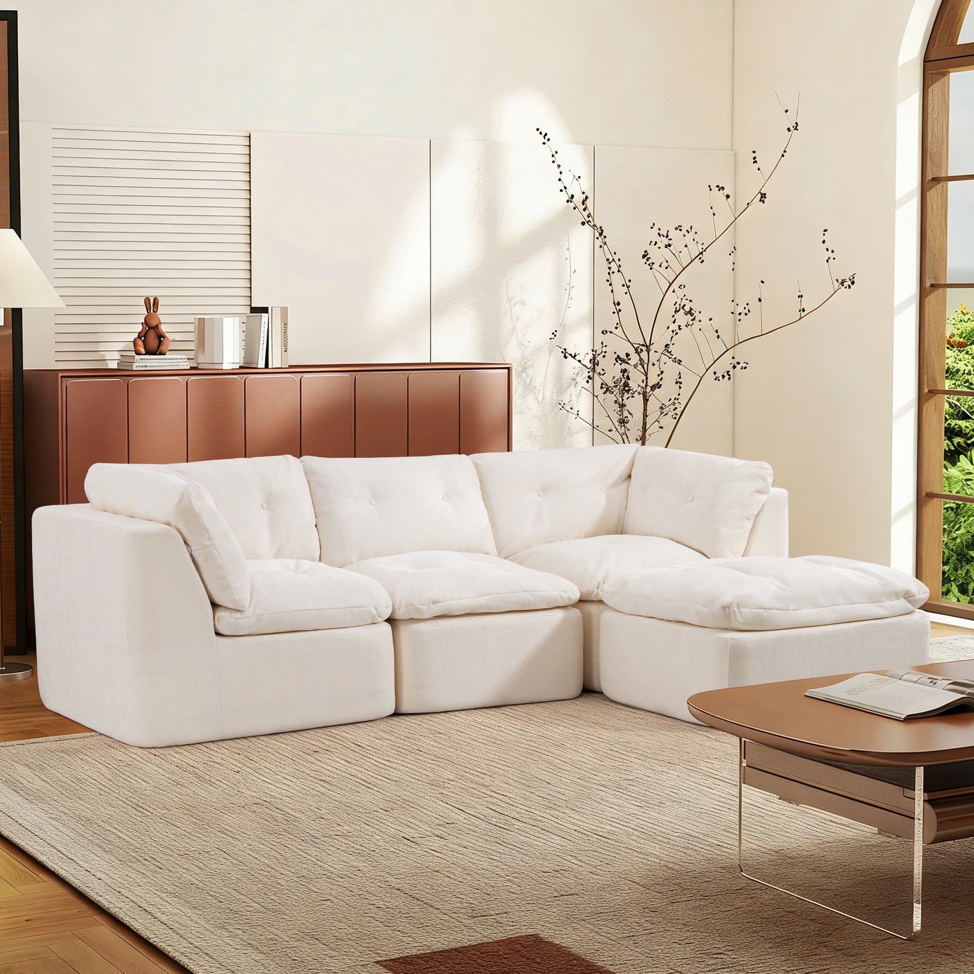 Beige+White Cloud Sofa - 4 Seat L-Shaped Modular Sectional for Living Room