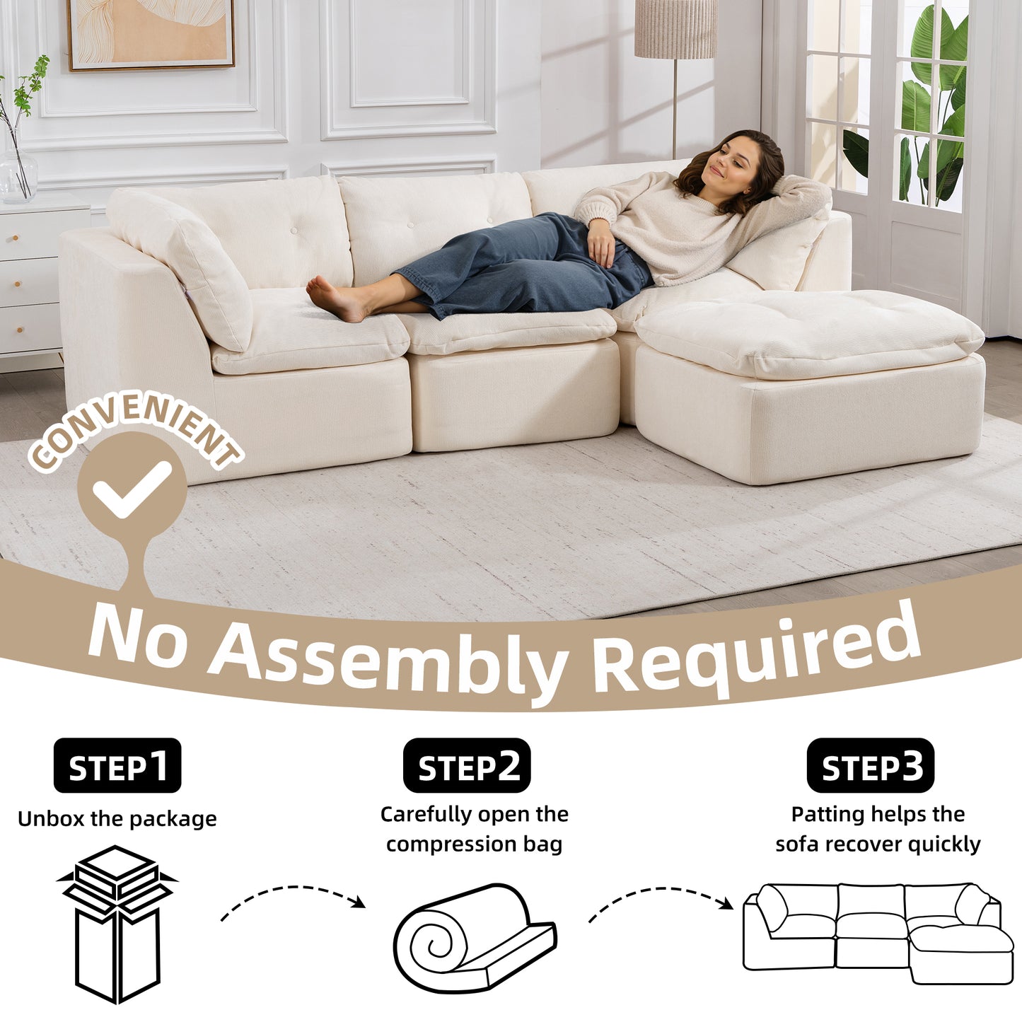 Beige+White Cloud Sofa - 4 Seat L-Shaped Modular Sectional for Living Room