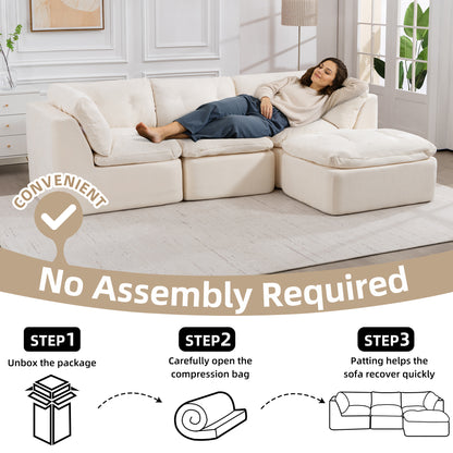Beige+White Cloud Sofa - 4 Seat L-Shaped Modular Sectional for Living Room