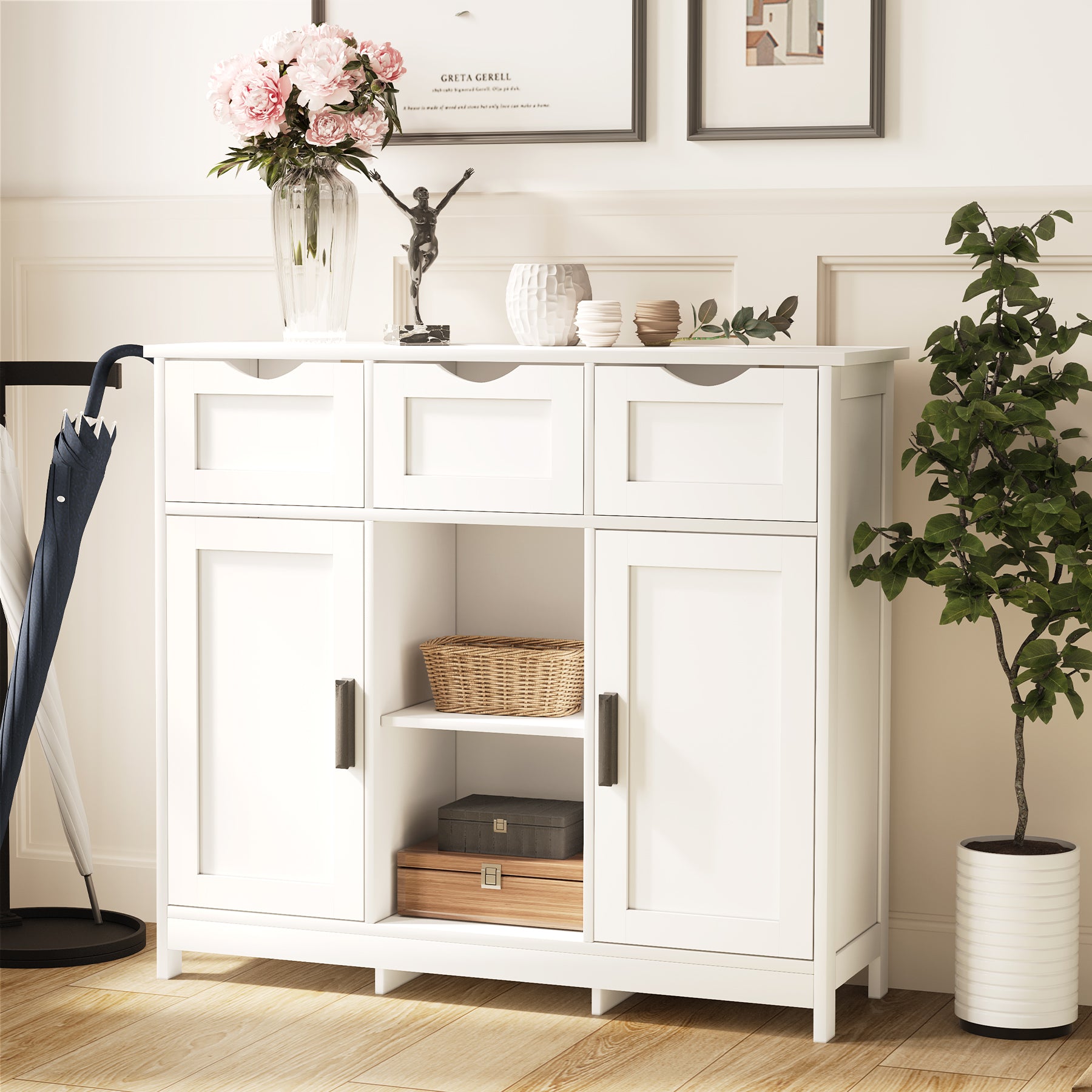 White Storage Cabinet with Drawers & Shelves - 31.1" x 35.4" for Living Room