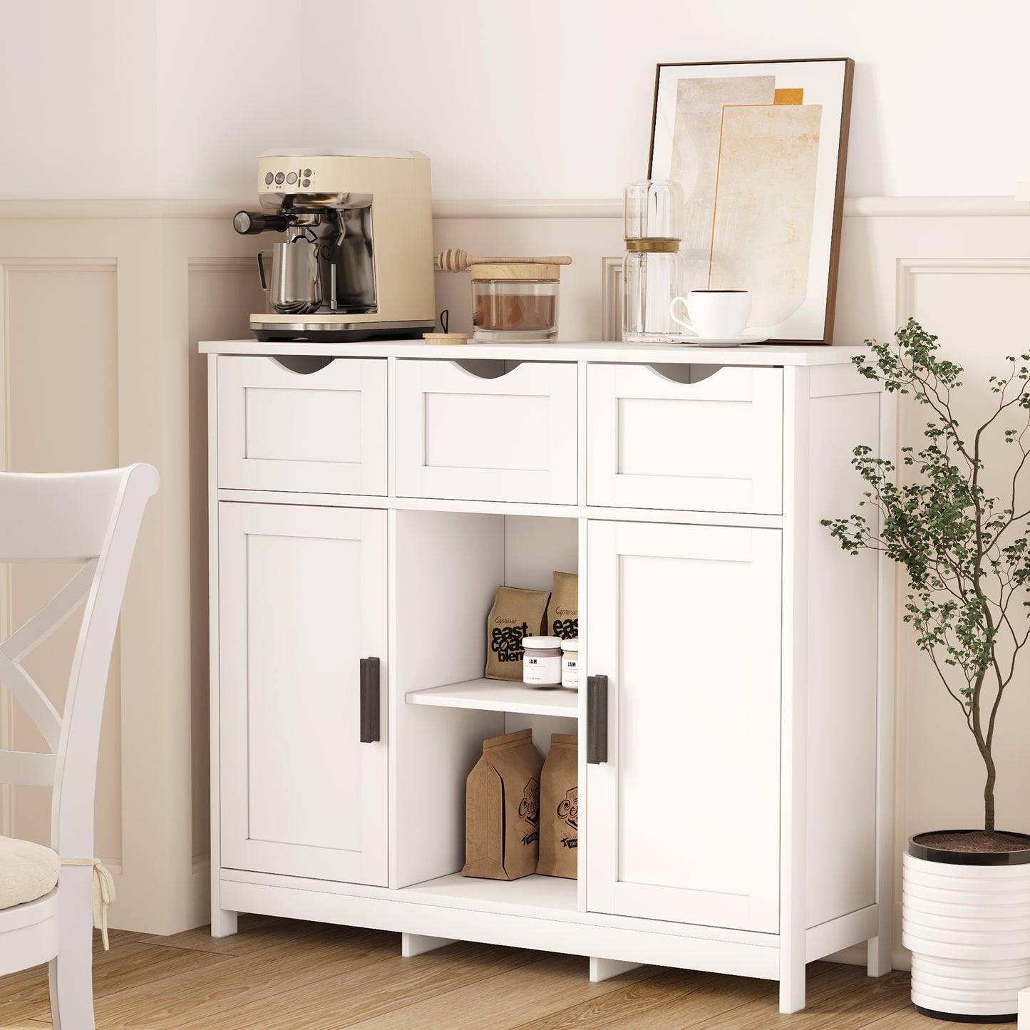 White Storage Cabinet with Drawers & Shelves - 31.1" x 35.4" for Living Room
