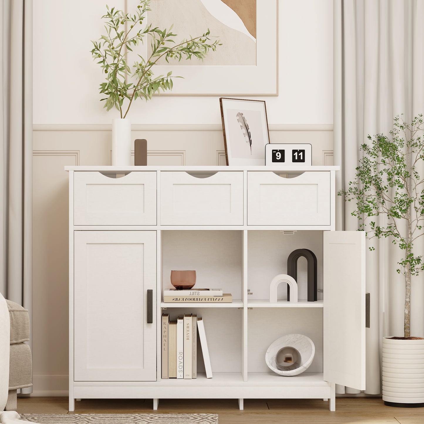 White Storage Cabinet with Drawers & Shelves - 31.1" x 35.4" for Living Room