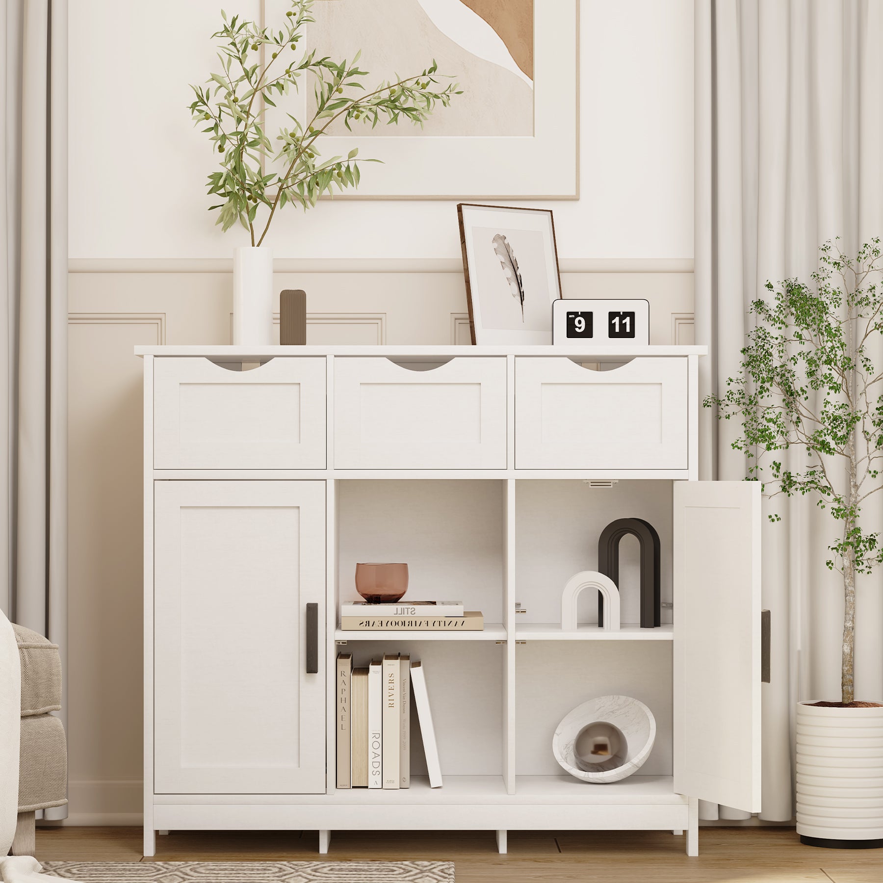 White Storage Cabinet with Drawers & Shelves - 31.1" x 35.4" for Living Room