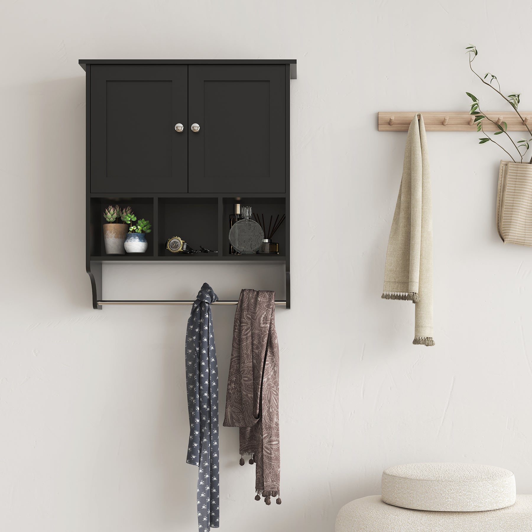 Medicine Cabinets, Space Saving Wall Cabinet with 2 Doors and Adjustable Towel Rack Shelves, Storage Cabinet for Toilet, Bathroom, Living Room, Kitchen (Black)