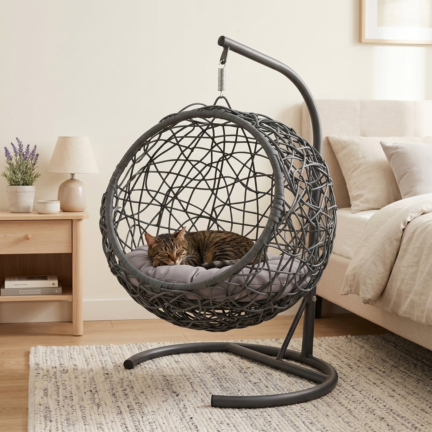 Gray Cat Bed Swing with Stand - Outdoor Hanging Hammock for Cats