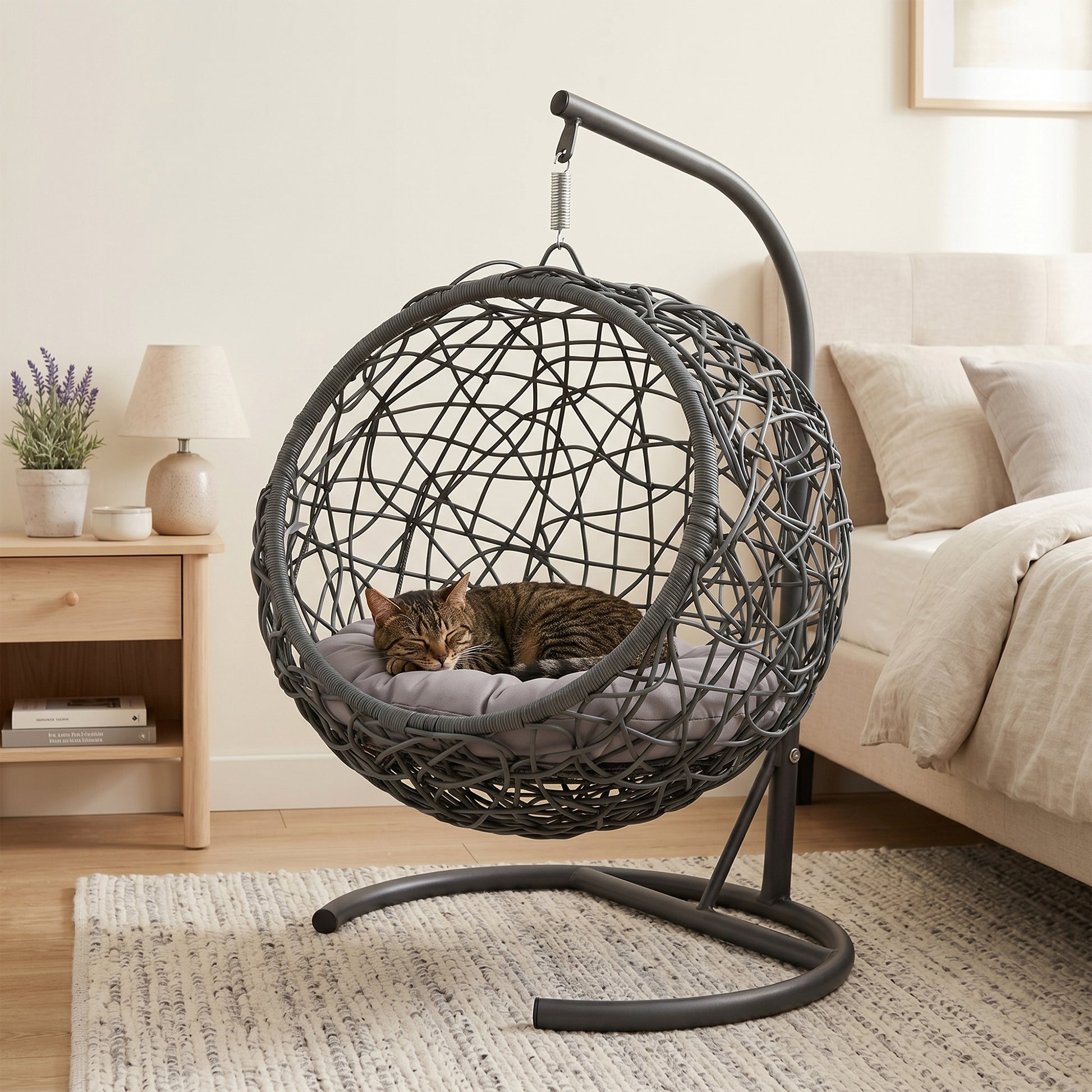Gray Cat Bed Swing with Stand - Outdoor Hanging Hammock for Cats