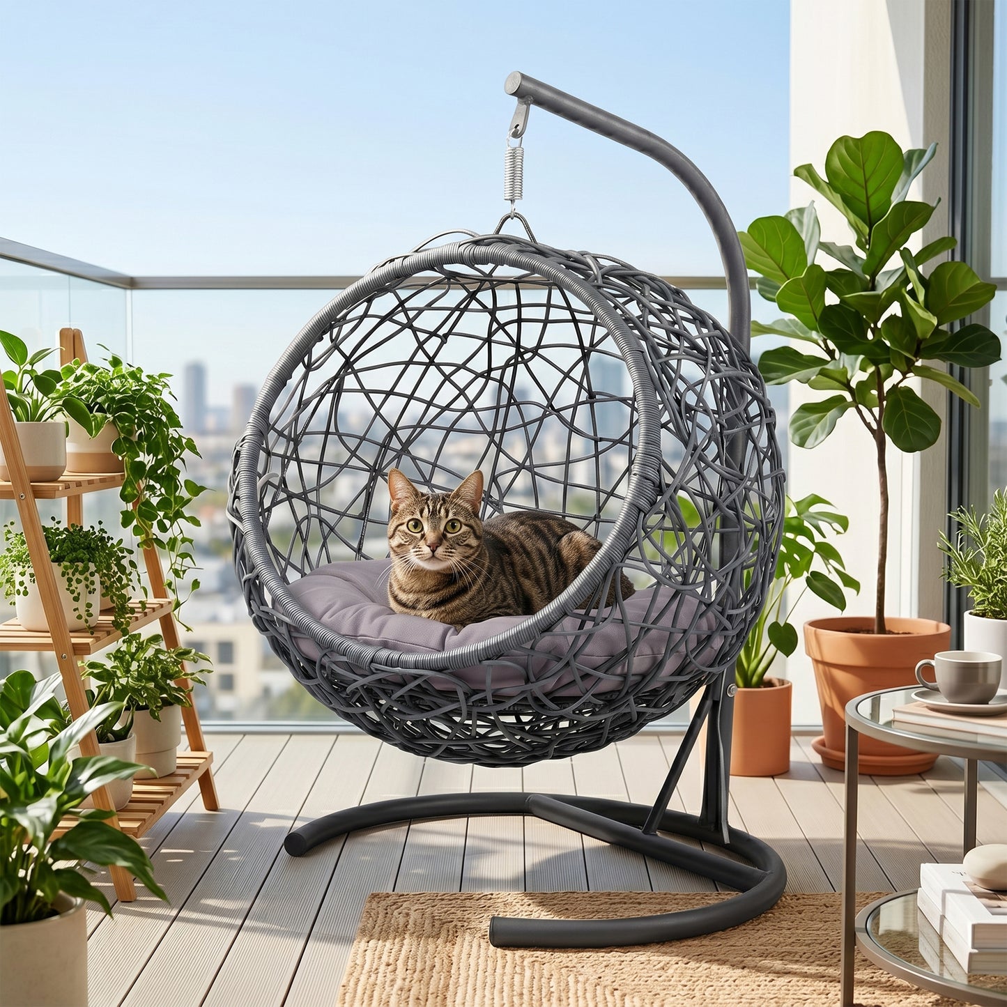 Gray Cat Bed Swing with Stand - Outdoor Hanging Hammock for Cats