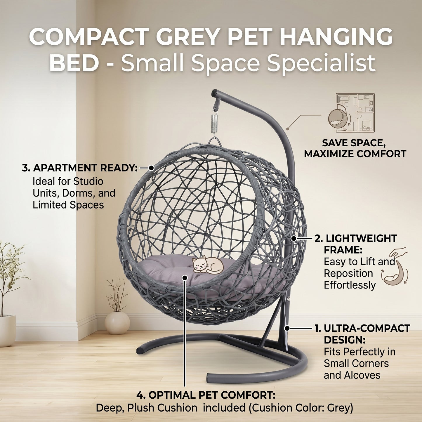Gray Cat Bed Swing with Stand - Outdoor Hanging Hammock for Cats