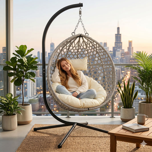 Folding PE Rattan Hanging Egg Chair with Stand, Gray Indoor Outdoor Hammock Swing Basket Chair, Aluminum Steel Frame for Patio Balcony Backyard Bedroom