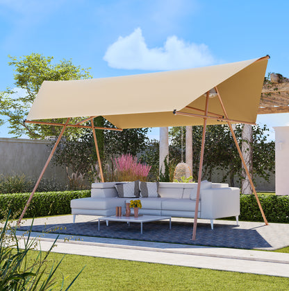 Hexagonal Shade Sail Canopy, Large 206"x118" UV Block Sun Shade with UPF 50+, Waterproof High-Density Polyester Fabric, Brown Rust-Resistant Poles & Built-in Hooks for Patio Backyard – Light Khaki