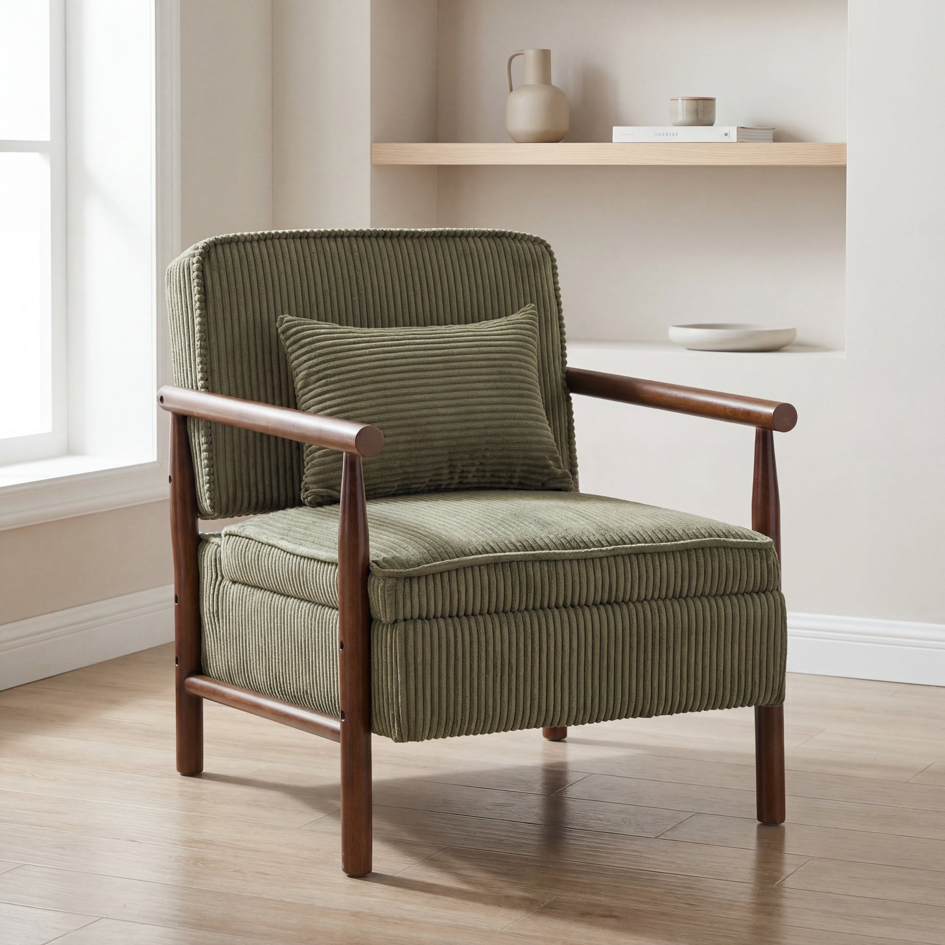 Storage Chair,Mid Century Modern Accent Chair with Wood Frame, Upholstered Living Room Chairs with Waist Cushion, Reading Armchair for Bedroom Sunroom
