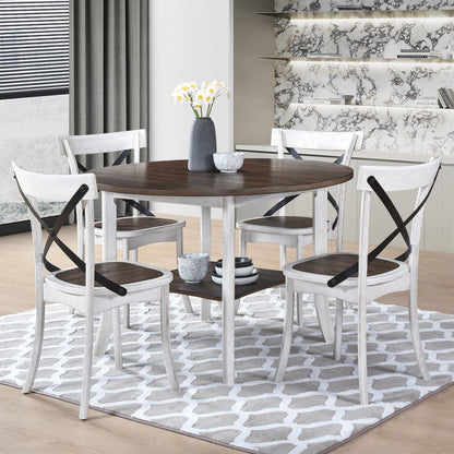 Dining Room Round Dining Set - 5 Piece Walnut & Antique White Table with Chairs,