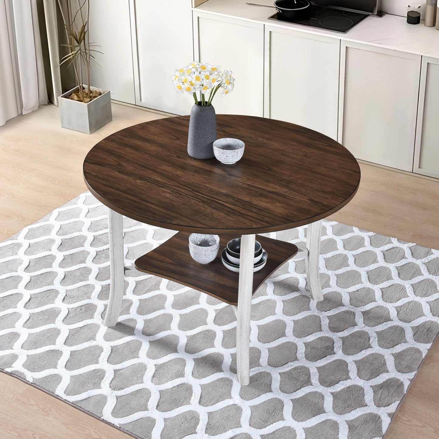 Dining Room Round Dining Set - 5 Piece Walnut & Antique White Table with Chairs,