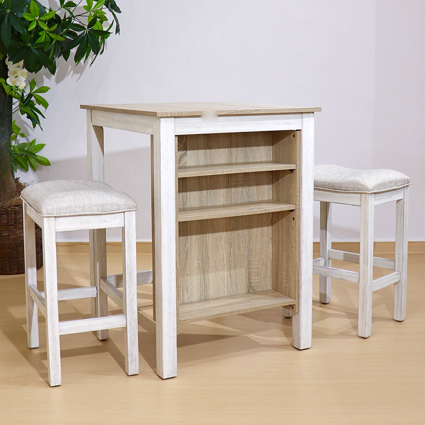 3 Piece American White Oak Dining Set with Storage for Dining Room