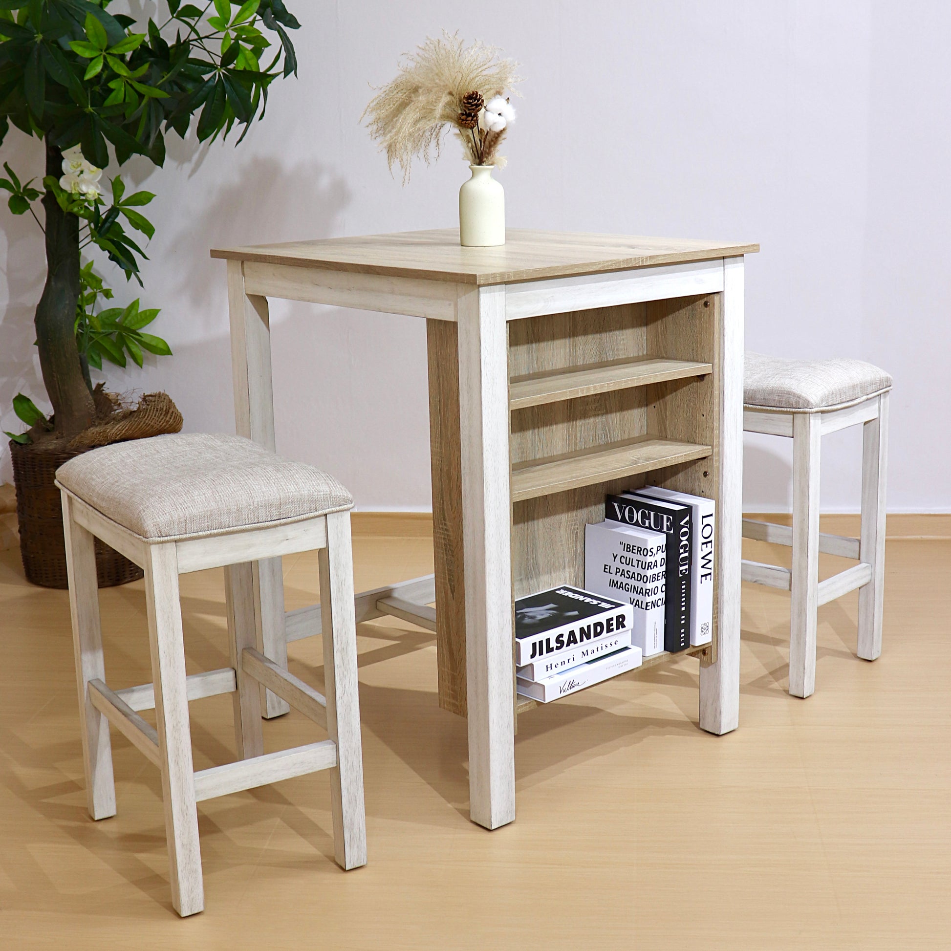 3 Piece American White Oak Dining Set with Storage for Dining Room