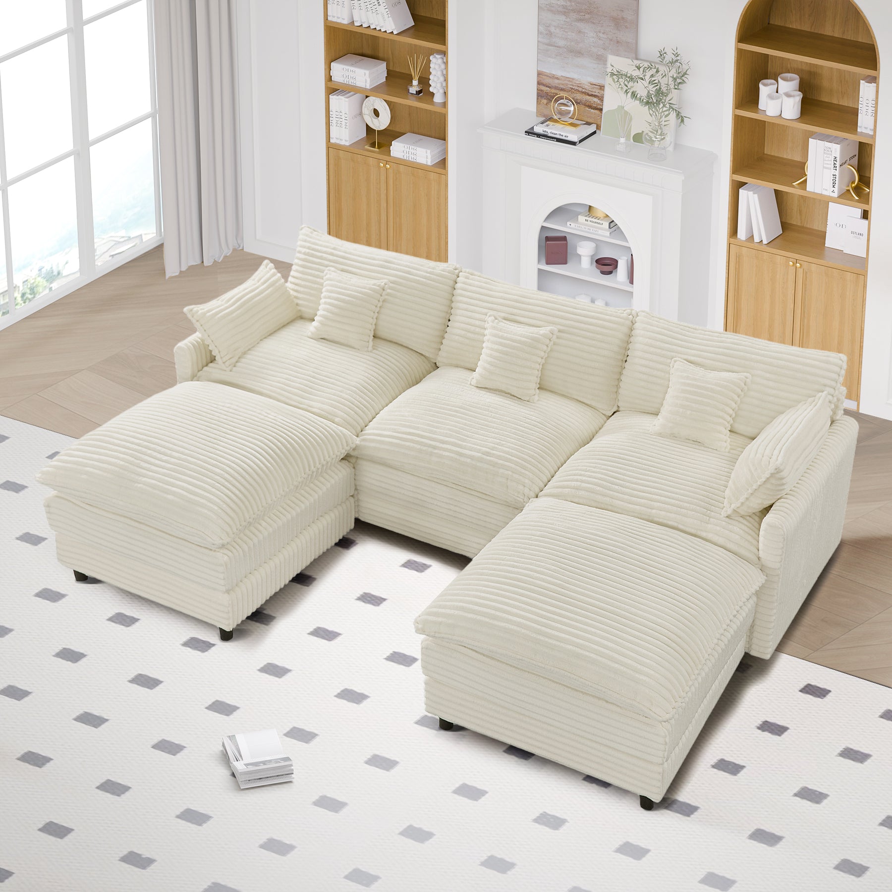 7-Piece Corduroy Sofa Set with Console & USB Ports, Beige