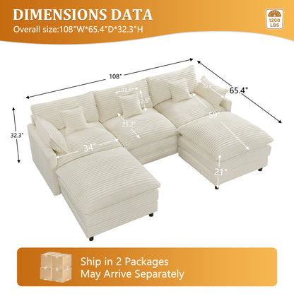 7-Piece Corduroy Sofa Set with Console & USB Ports, Beige