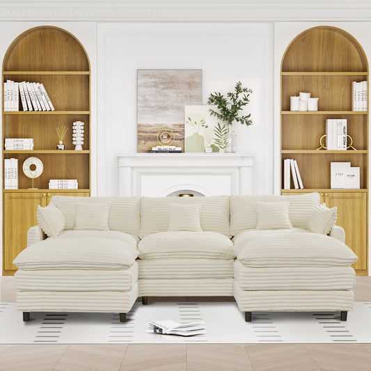 148-inch seven-piece sofa set, with a center console, coffee table and six pillows, suitable for spacious living rooms and meeting rooms.