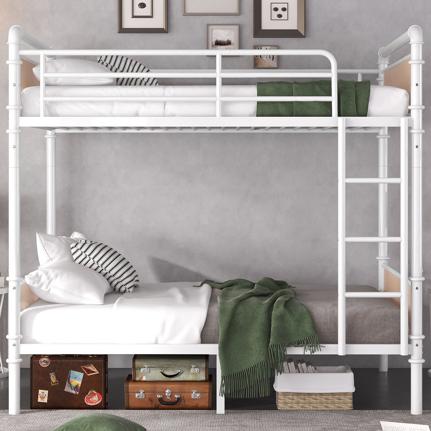 Twin XL Metal Bunk Bed - White Iron Frame for Bedroom