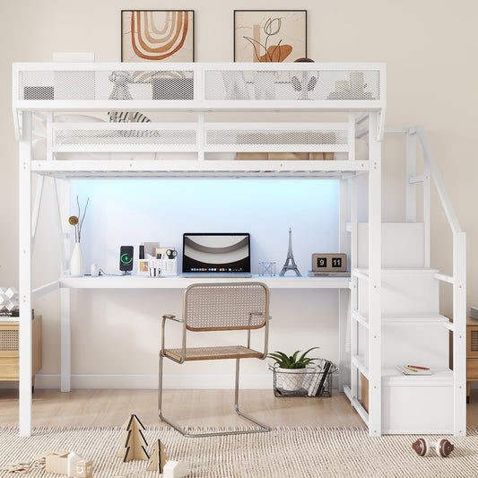 Full Loft Bed with Desk and Charging Station, Full Size Metal Loft Bed with Stairs and Light for Kids Teens,White(Expect Arrival Date 2026/3/7)