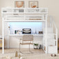 Full Loft Bed with Desk and Charging Station, Full Size Metal Loft Bed with Stairs and Light for Kids Teens,White(Expect Arrival Date 2026/3/7)
